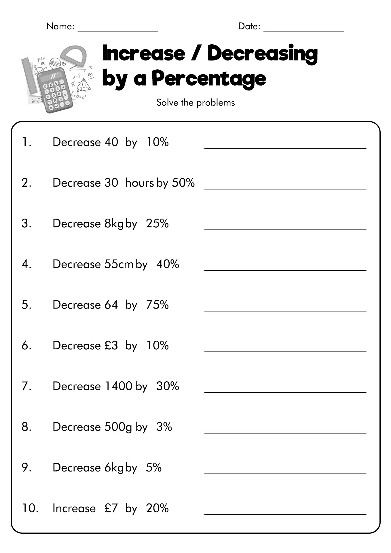 Percentage problems worksheet