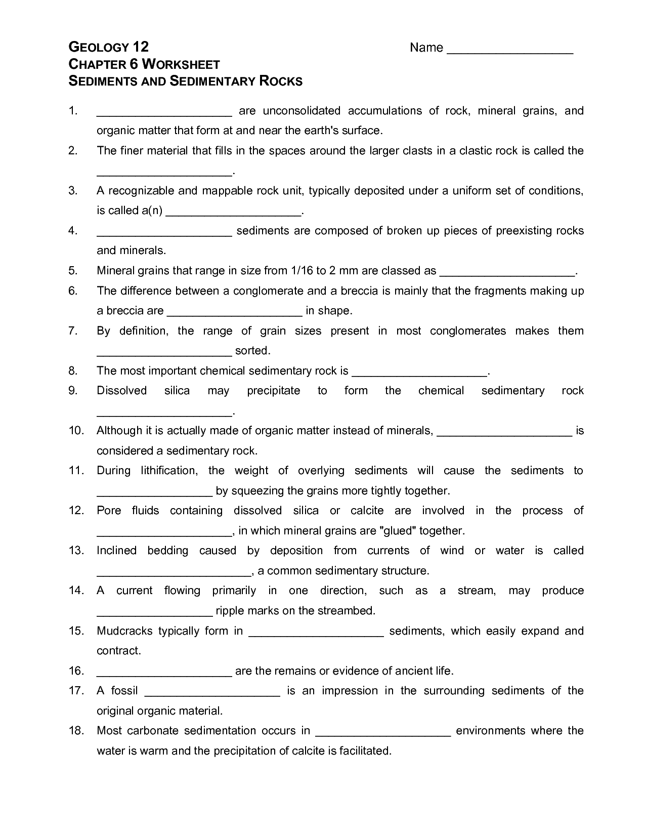 Sedimentary Rocks Worksheet Answers