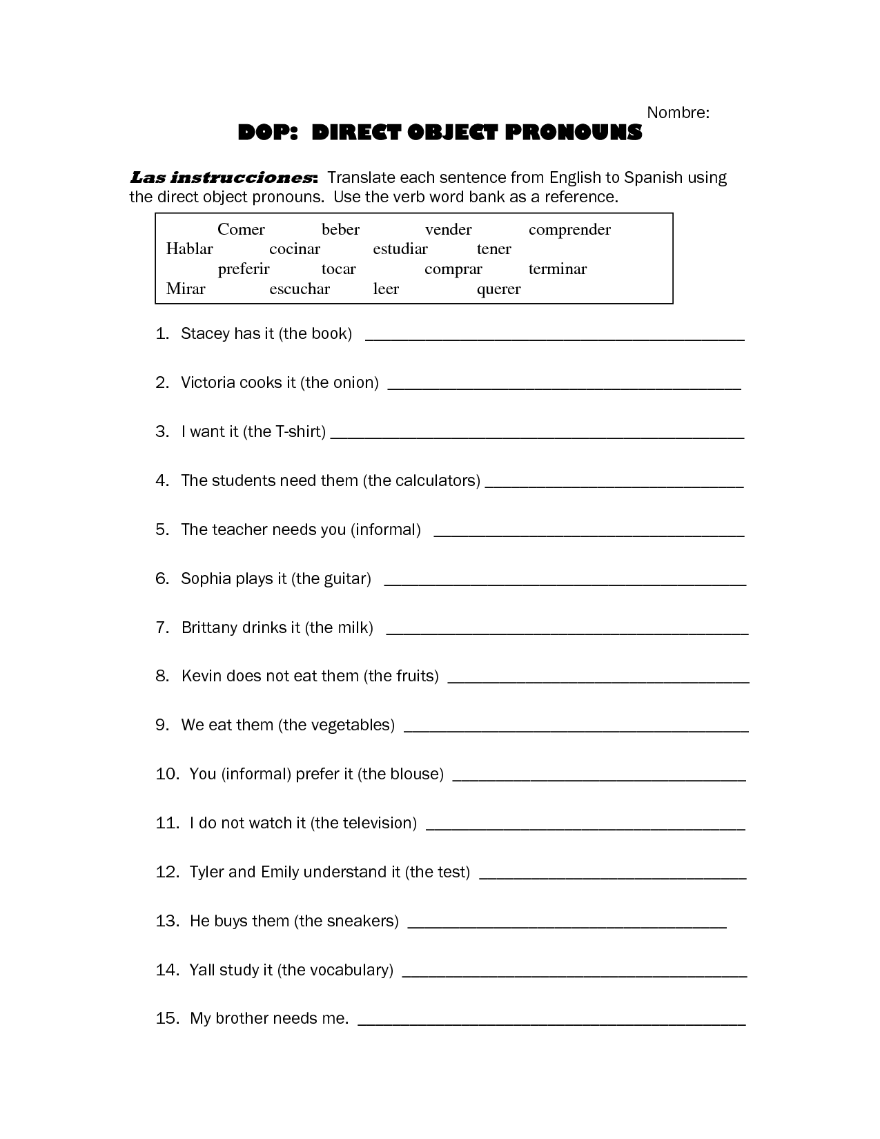 Direct Object Pronouns Spanish Worksheet Free