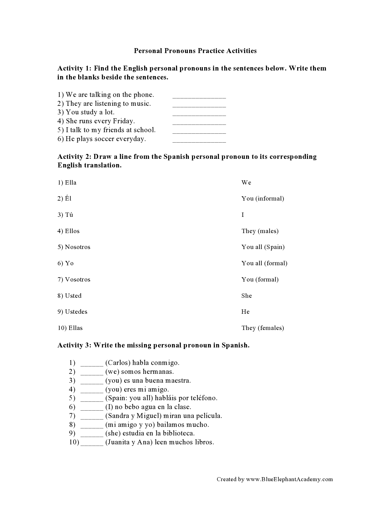 Spanish Pronoun Worksheet