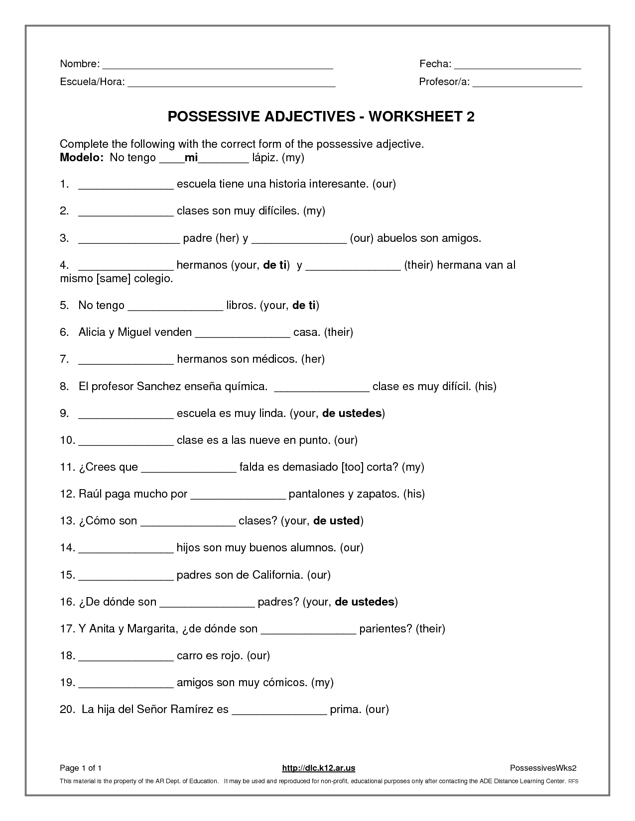 Possessive Pronouns Spanish Worksheet Pdf W Answers