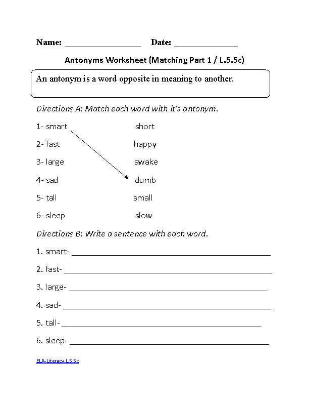 5th Grade English Language Arts Worksheets