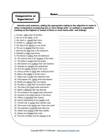 Comparative and Superlative Adjectives Worksheets 3rd Grade
