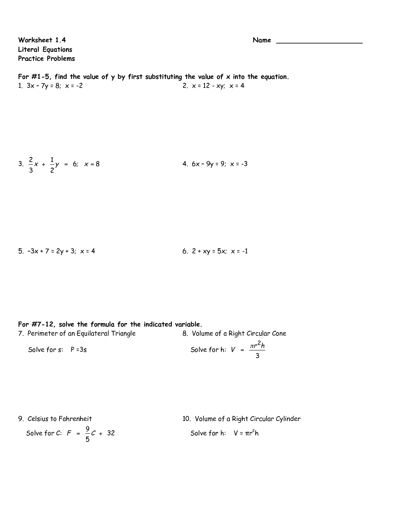 Solving Literal Equations Worksheet