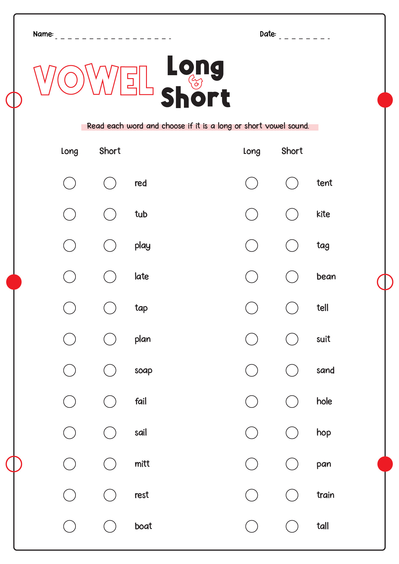 Short And Long Vowel Worksheets