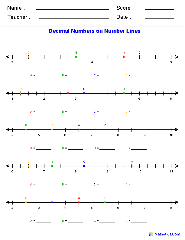 Number Lines with Decimals Worksheets