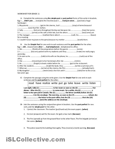 Past Perfect Tense Worksheets