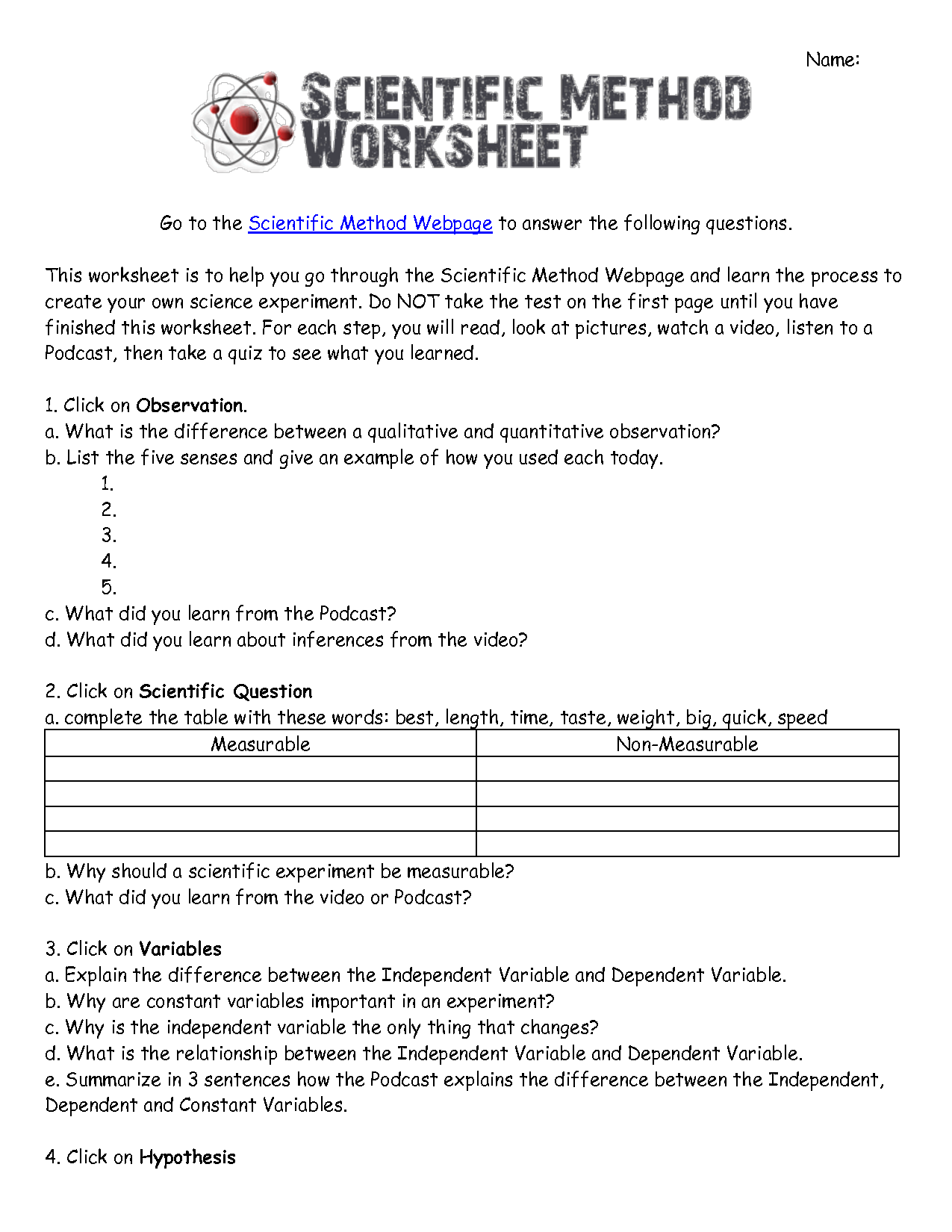 Scientific Method Worksheet Answer Key