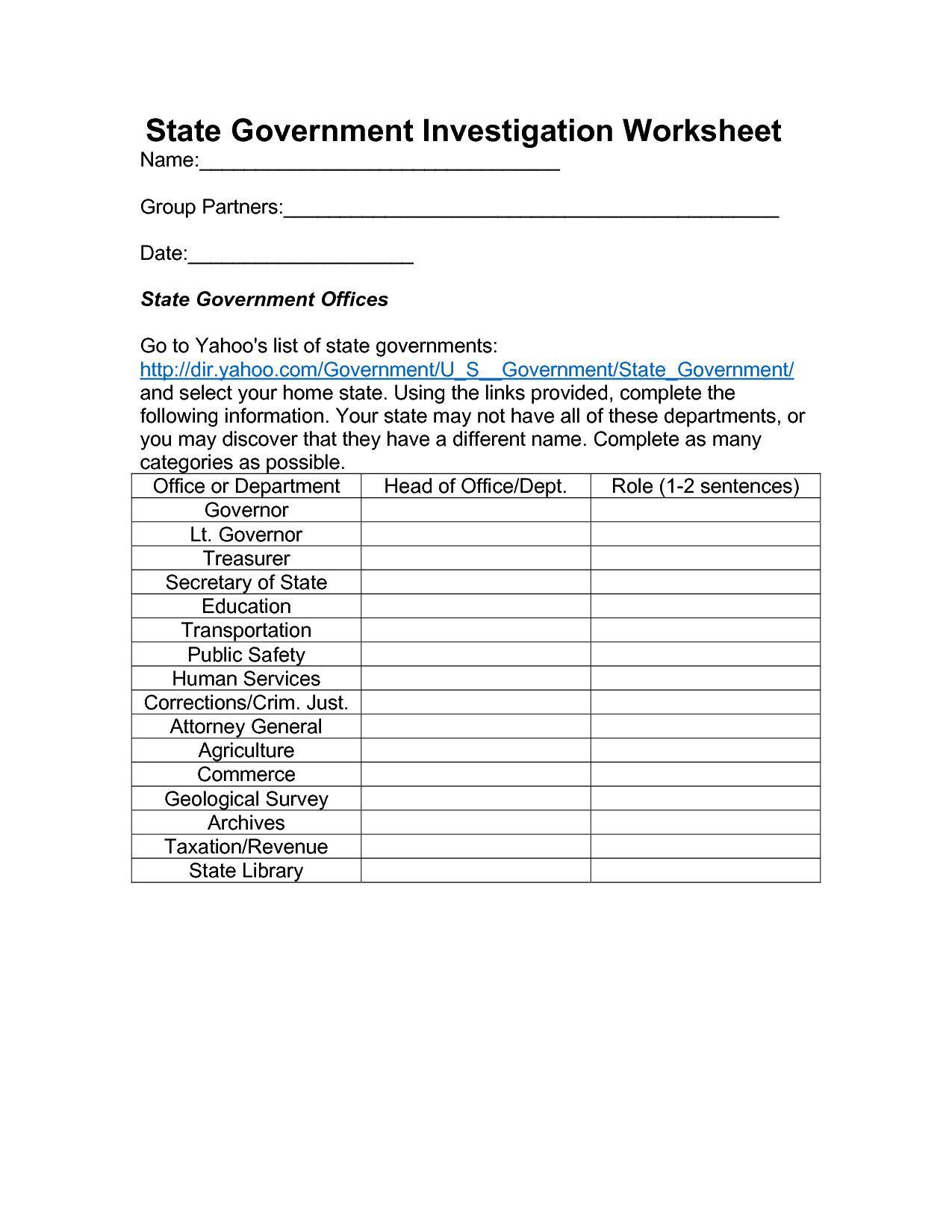 State Branches of Government Worksheet