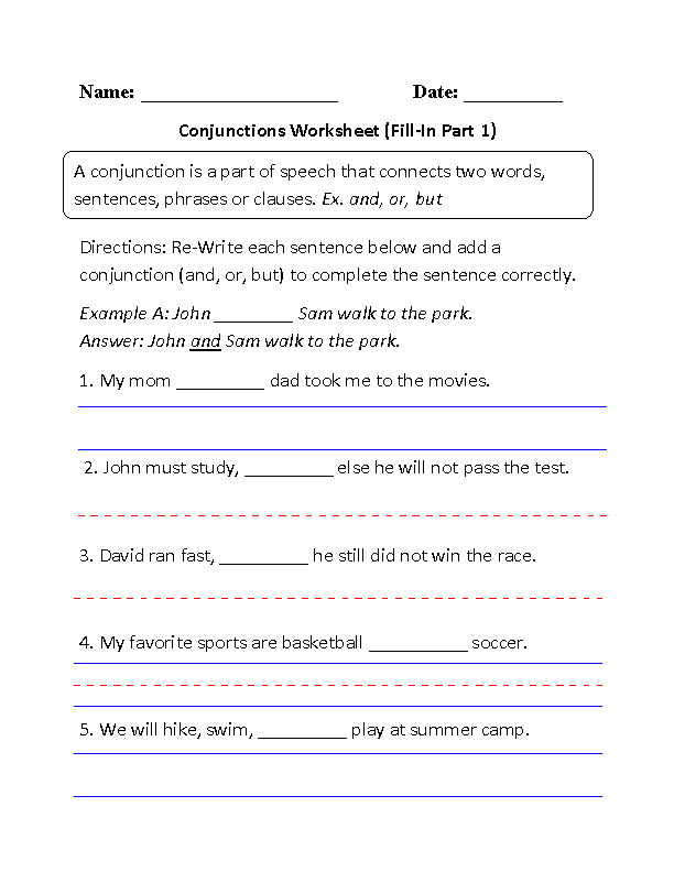 Subordinating Conjunctions Worksheets
