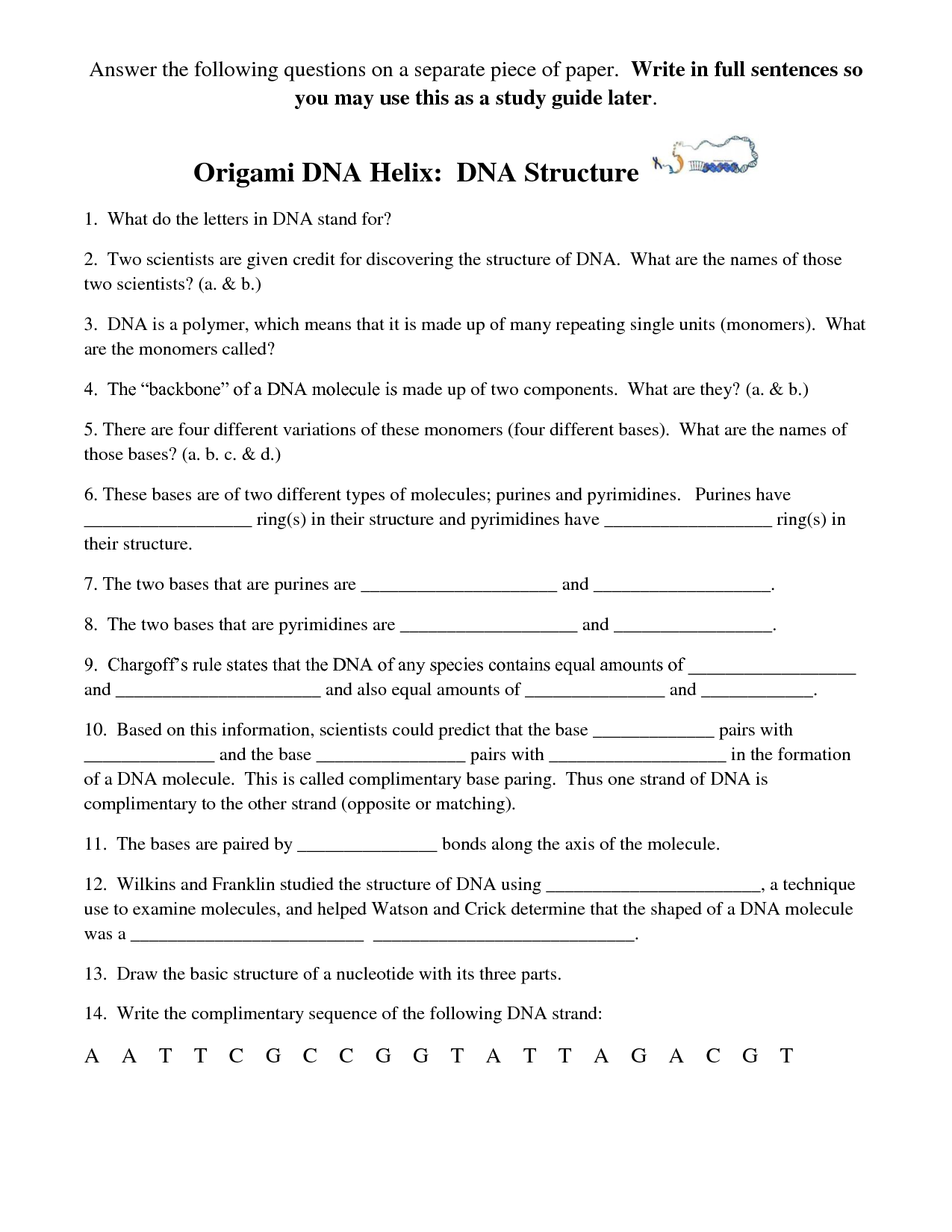 Dna The Double Helix Worksheet Answer Key