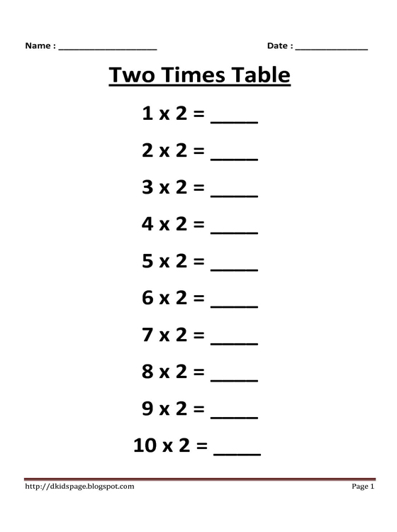 2 Times Multiplication Tables Worksheets