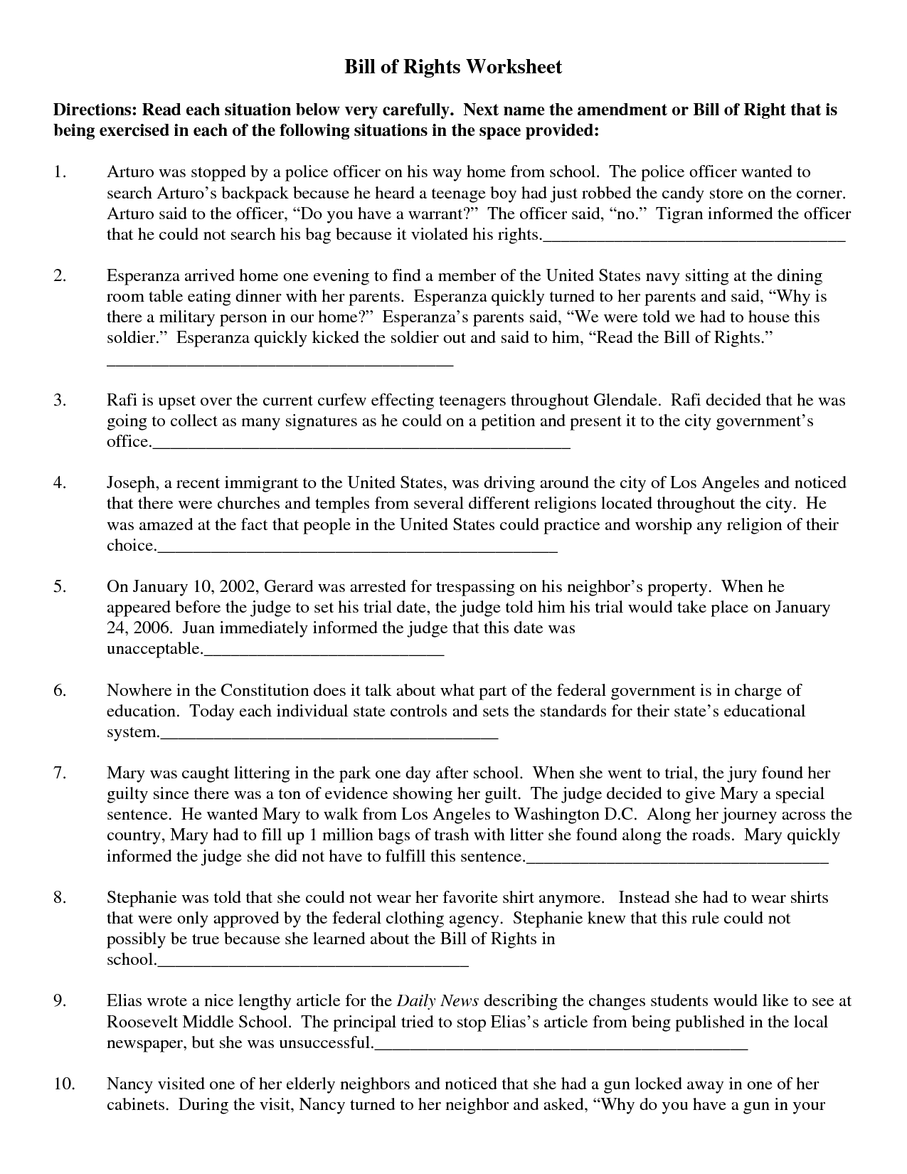The Bill Of Rights Worksheet Answers