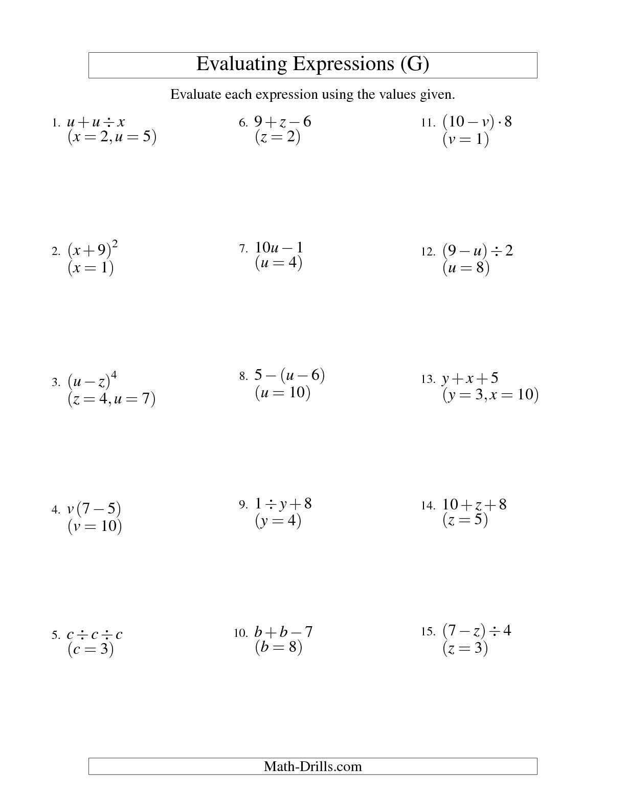 Evaluating Algebraic Expressions Worksheet