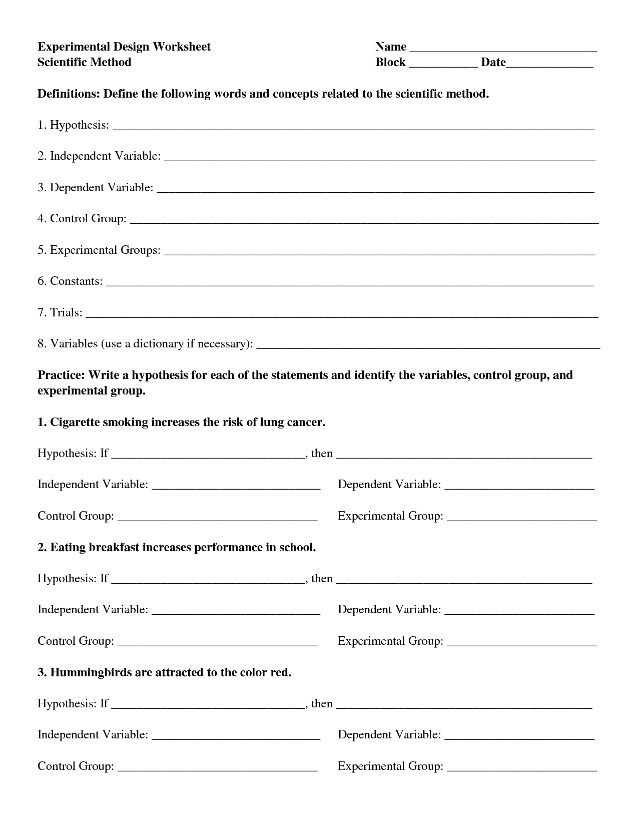 Experimental Design Scenario Worksheet​: Detailed Login Inside Experimental Variables Worksheet Answers