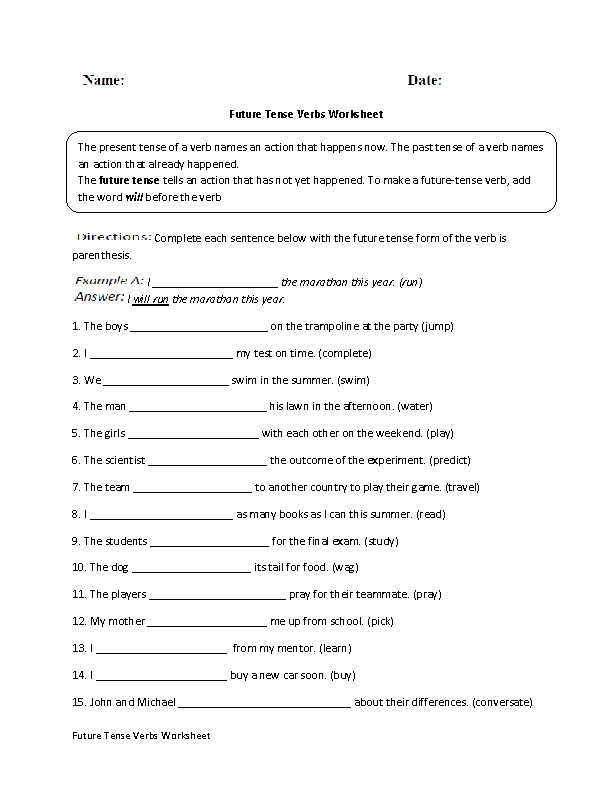 Past And Future Verbs Worksheets