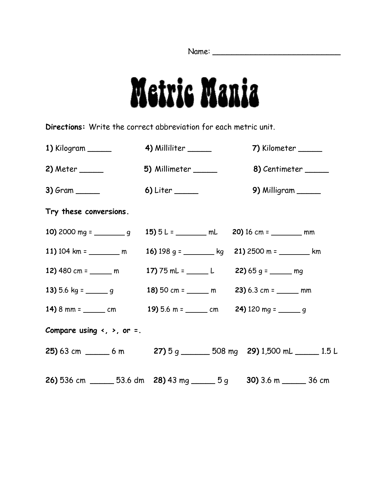 Metric Mania Conversion Worksheet