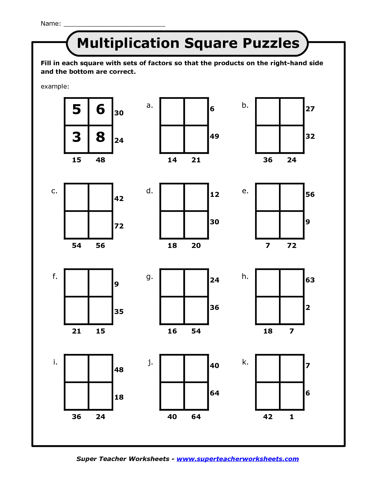 Multiplication Puzzle Worksheets Square