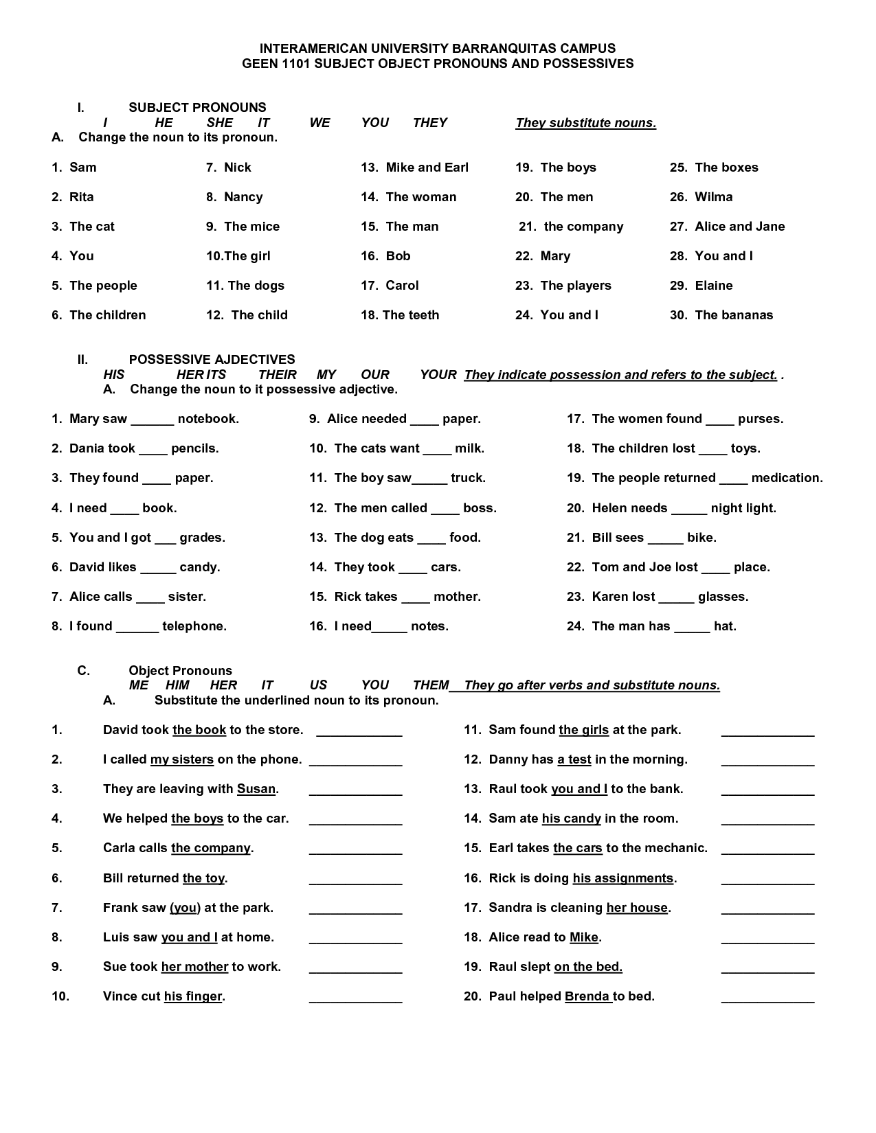 Subject Object Possessive Pronouns Exercises