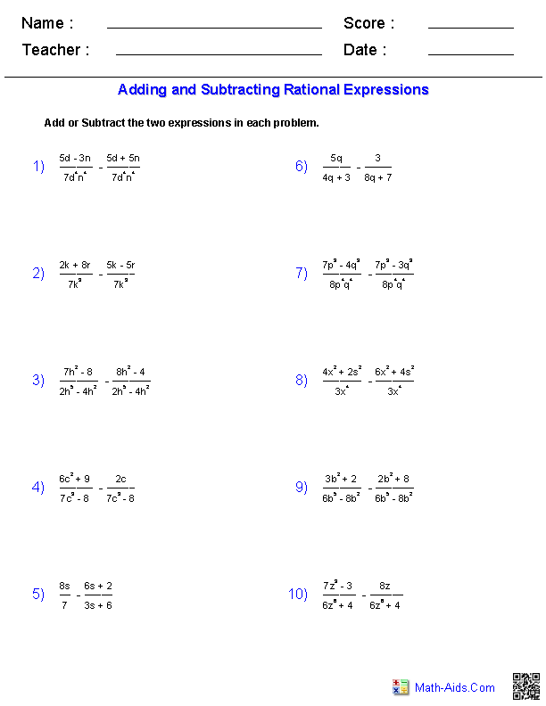 Subtracting and Adding Linear Expressions Worksheet