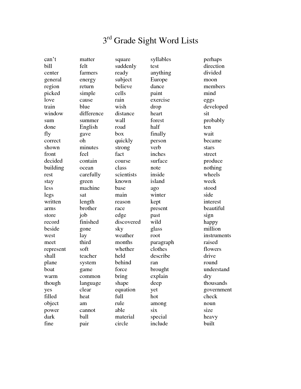Third Grade Sight Word List