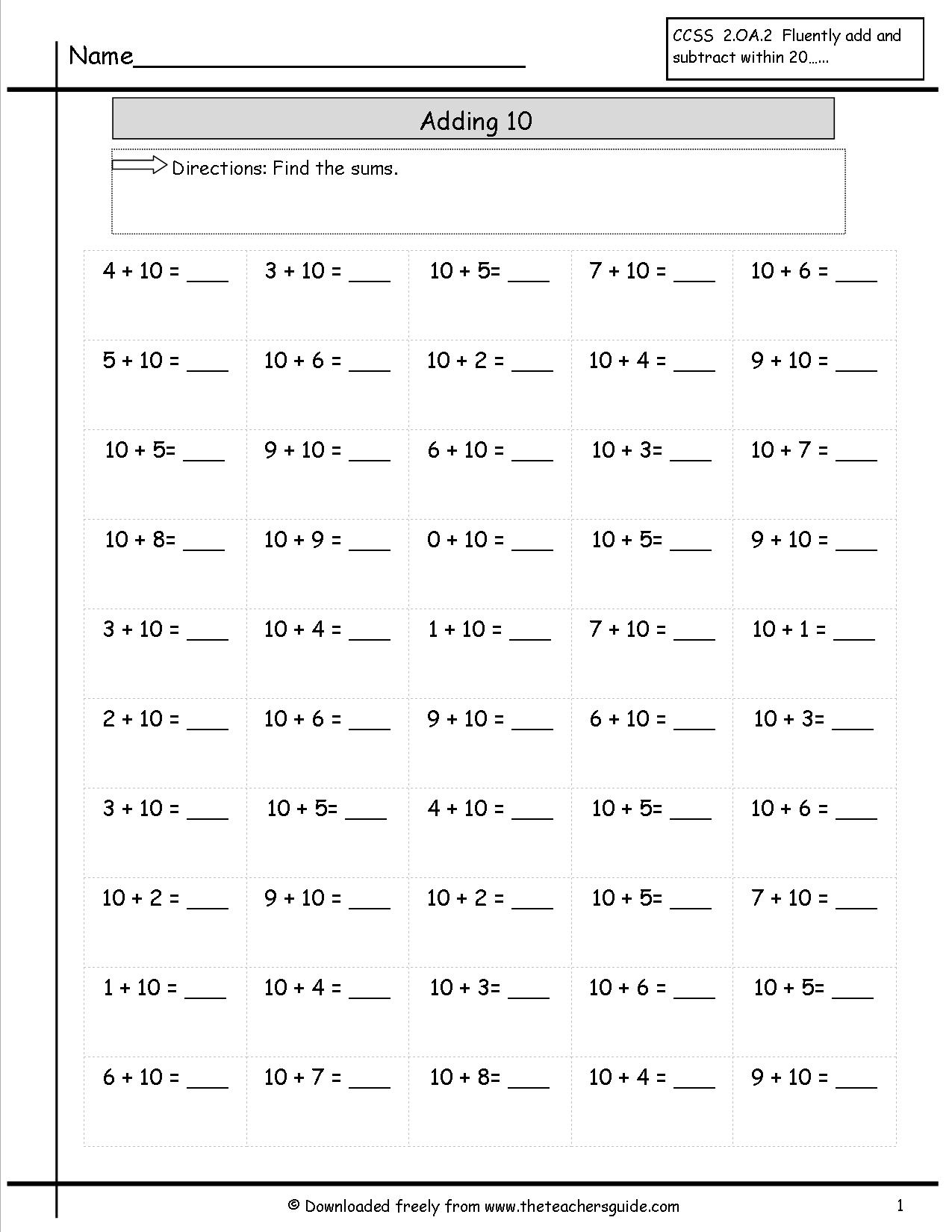 Adding 10 To A Number Worksheet