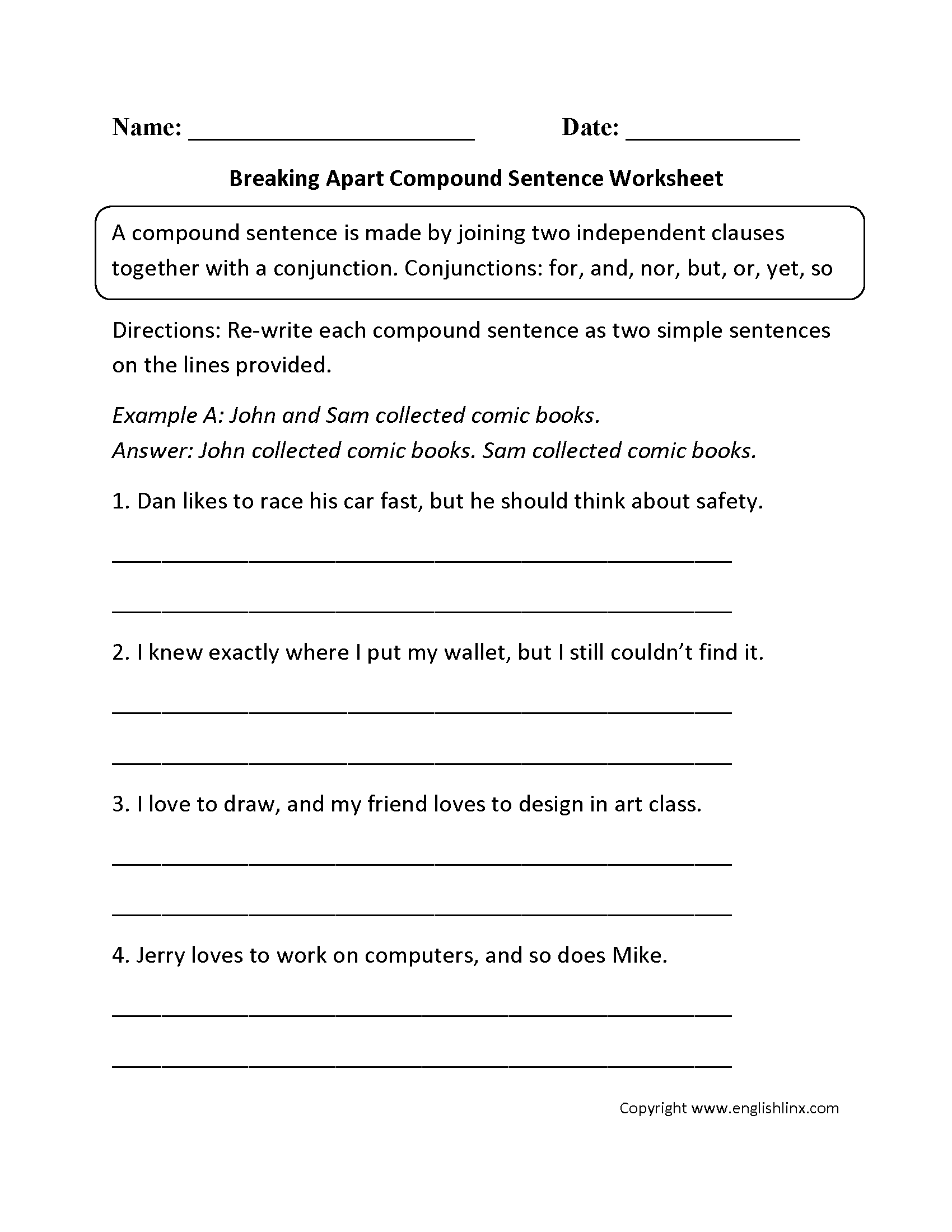 Compound Sentences Worksheet With Answers