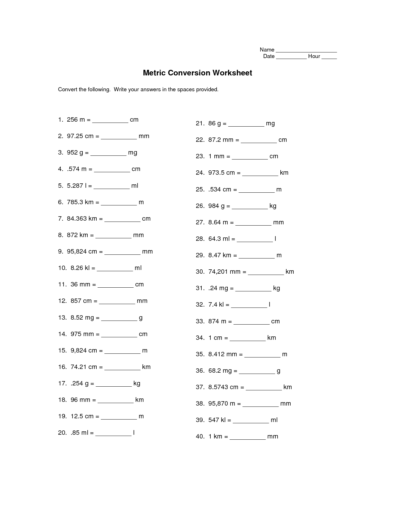 Metric Measurements Conversion Chart Worksheet