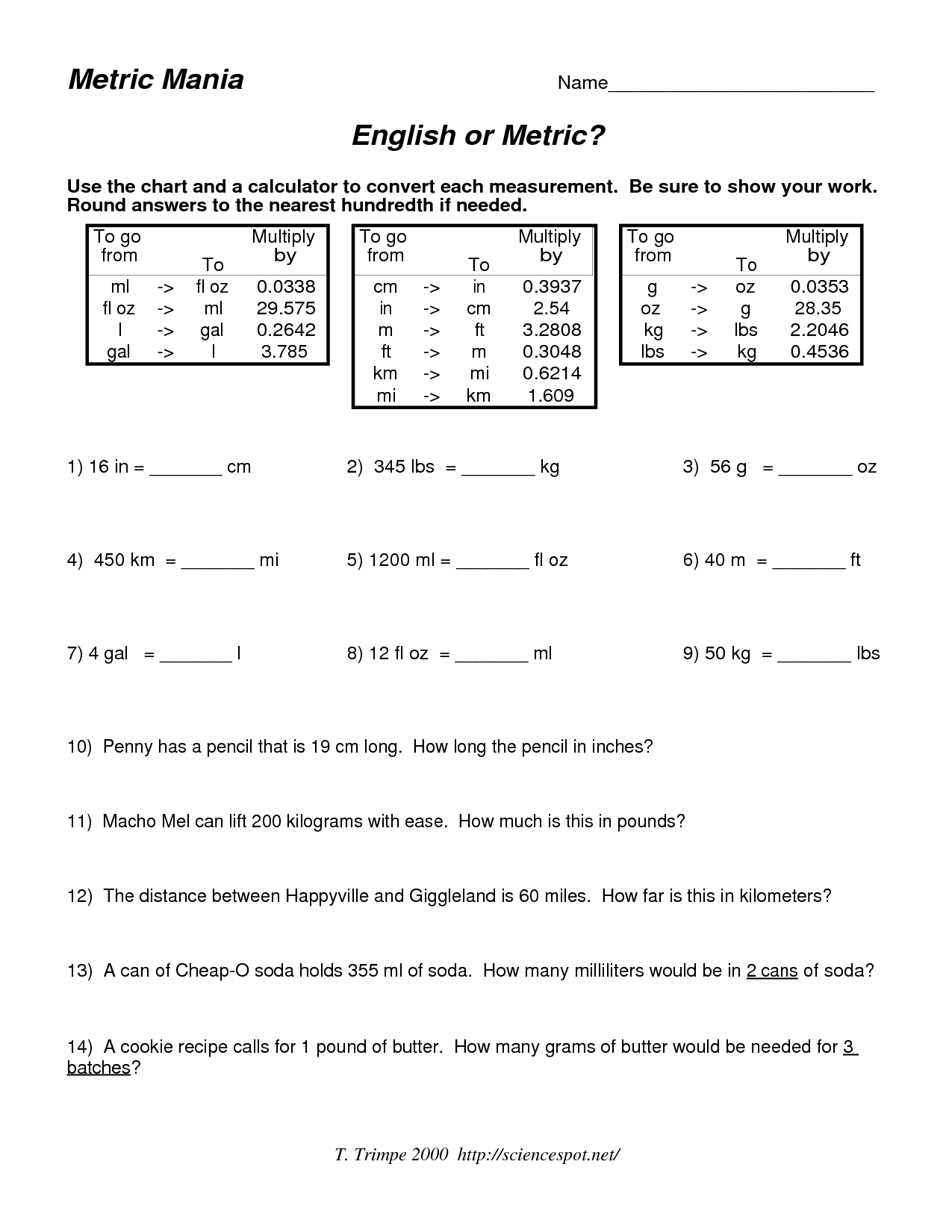 Metric Measurement Conversion Worksheet Answers