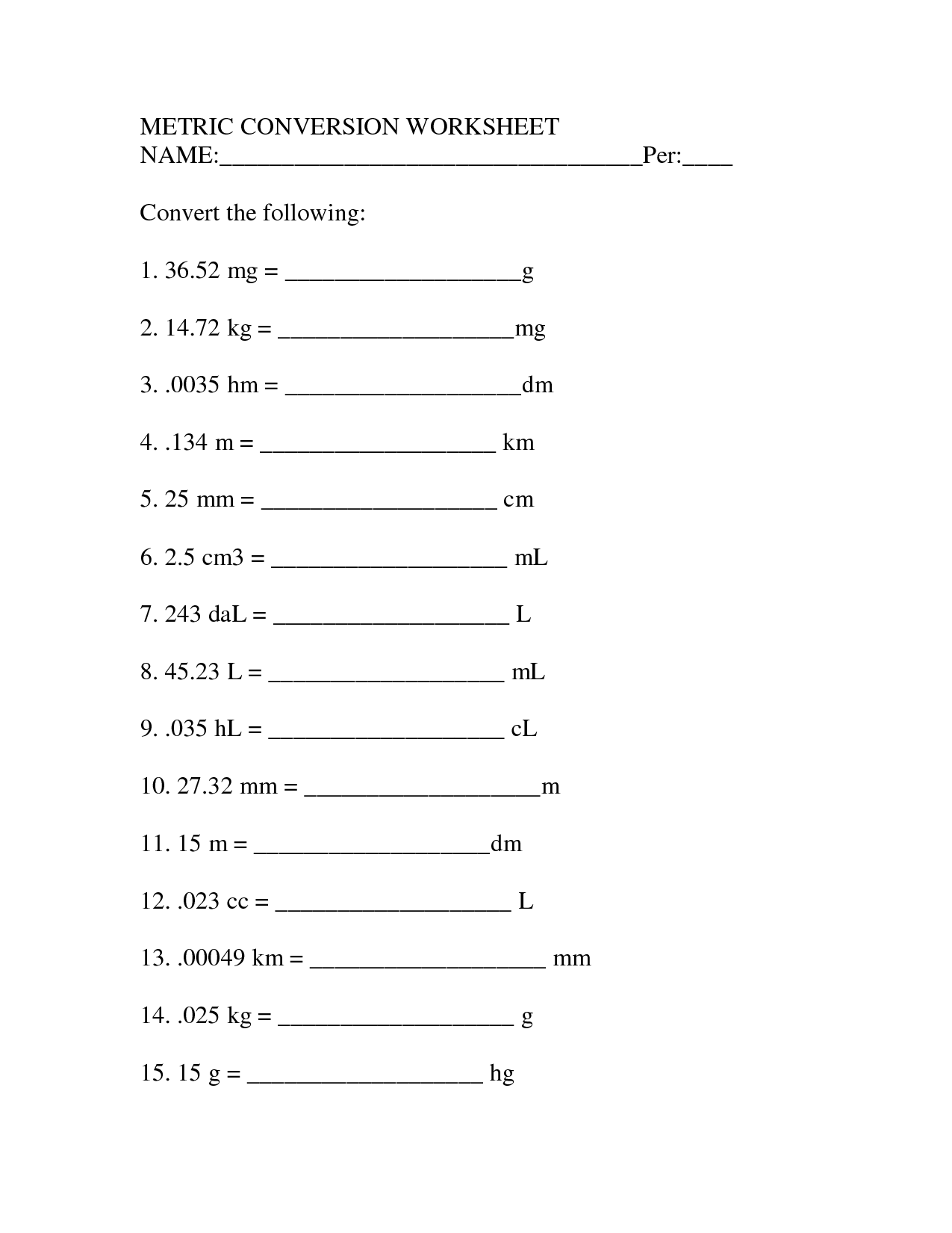 Measurement Conversion Chart Metric Worksheet