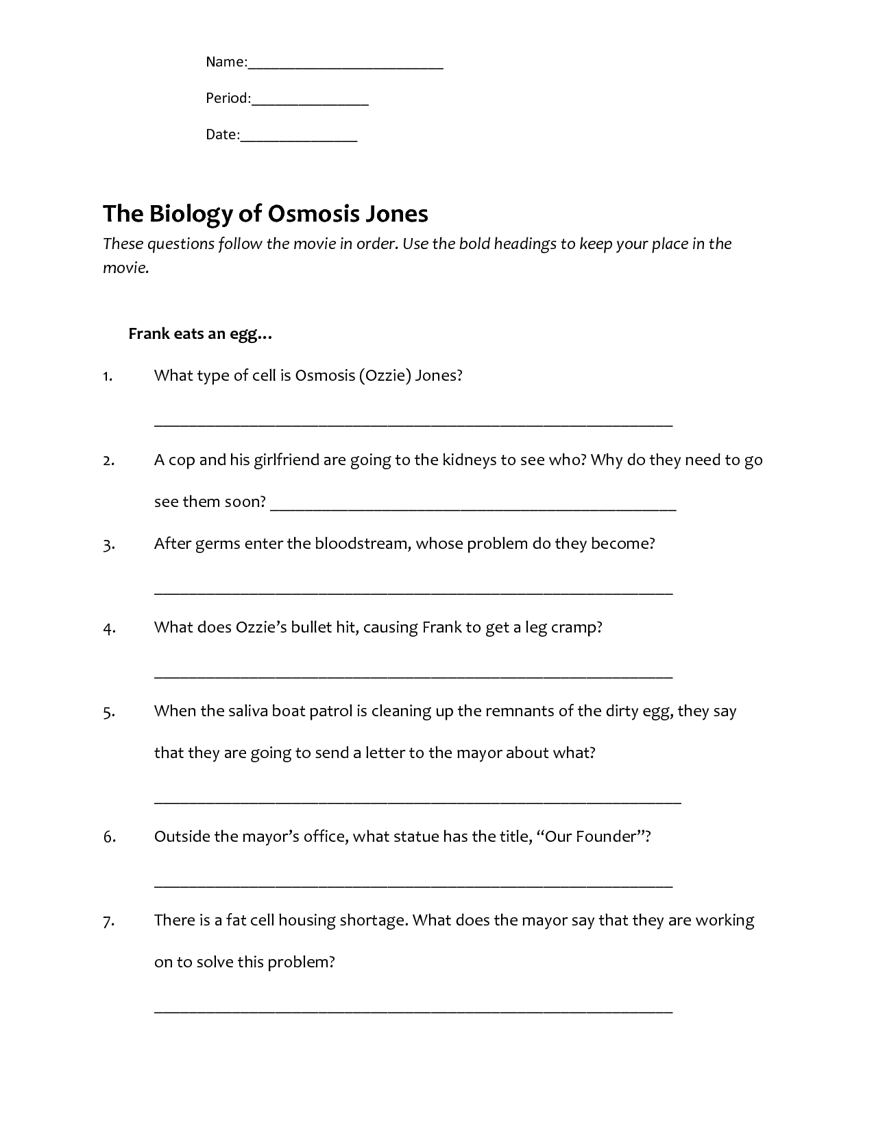 Osmosis Jones Movie Worksheet