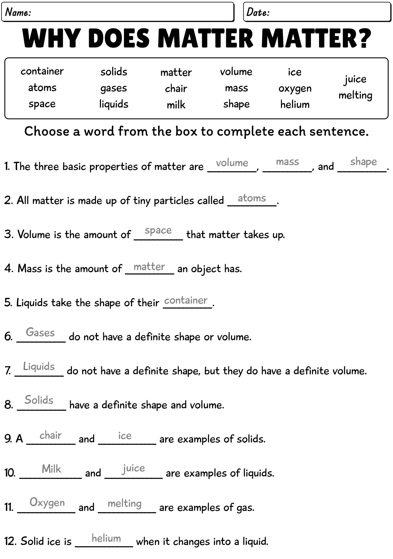 Properties Of Matter Worksheet Answers