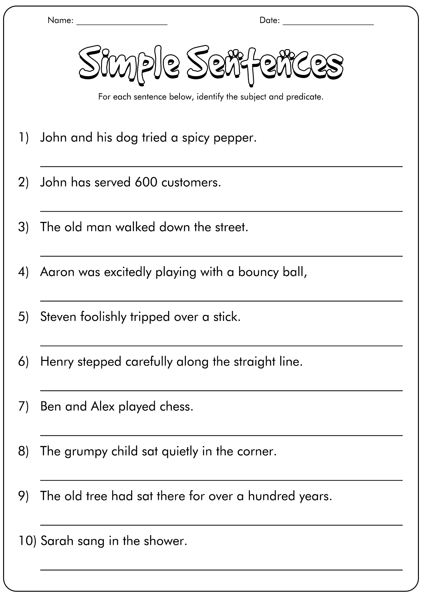 Simple Sentence Worksheet 4th Grade