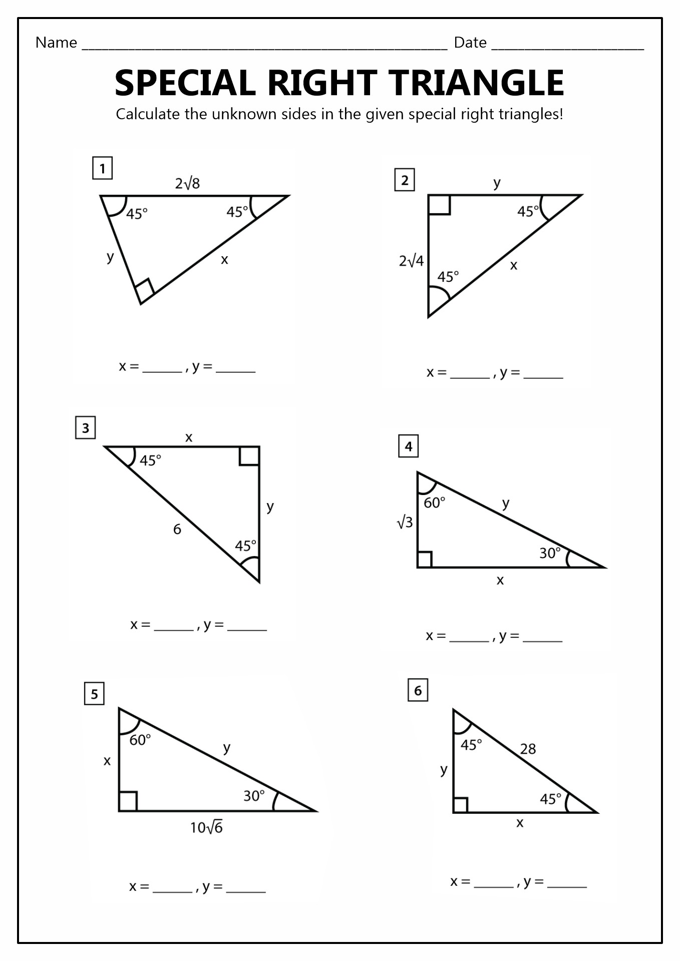 11 Best Images of Right Triangle Trigonometry Worksheet  Special Right Triangles Worksheet 