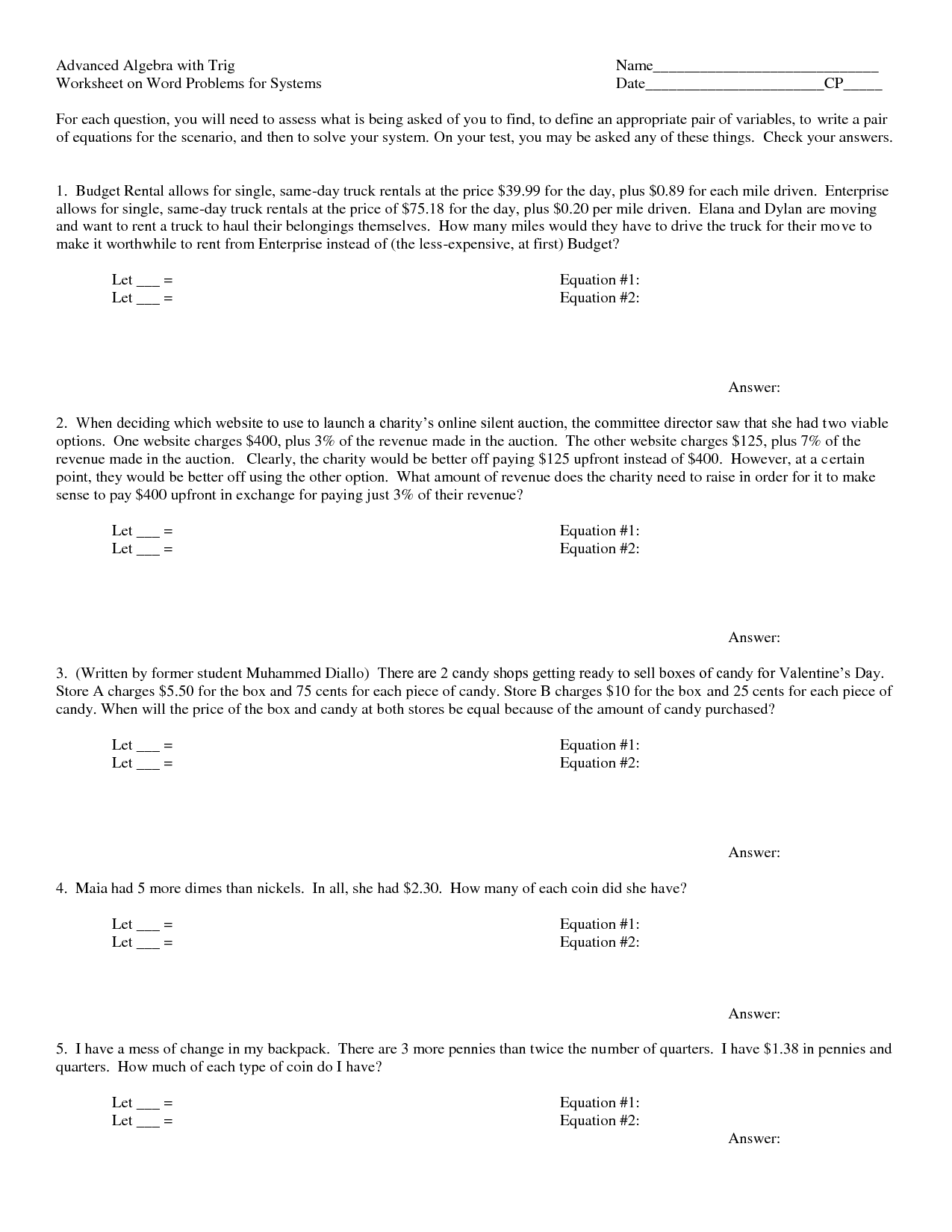 Systems Of Equations Worksheet Word Problems  Tessshebaylo