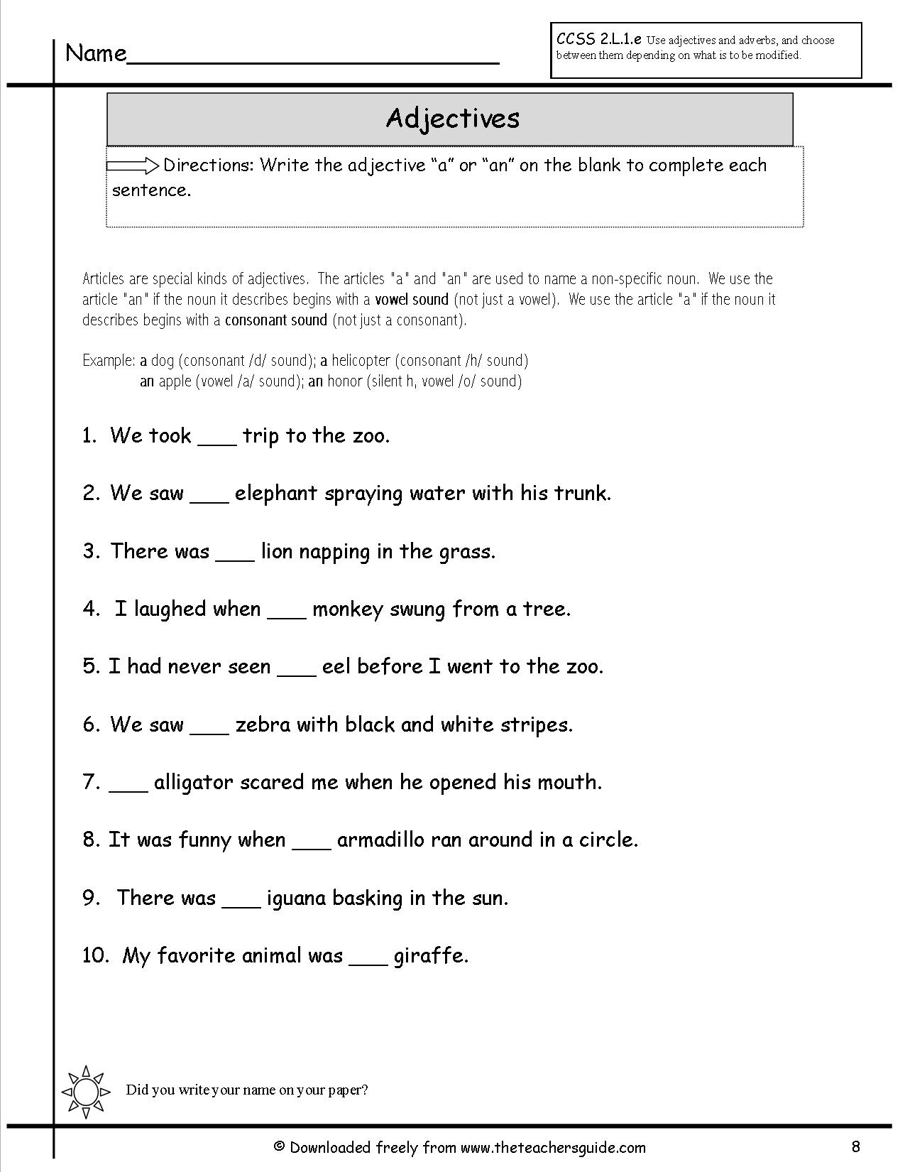 Adjectives And Articles Worksheets