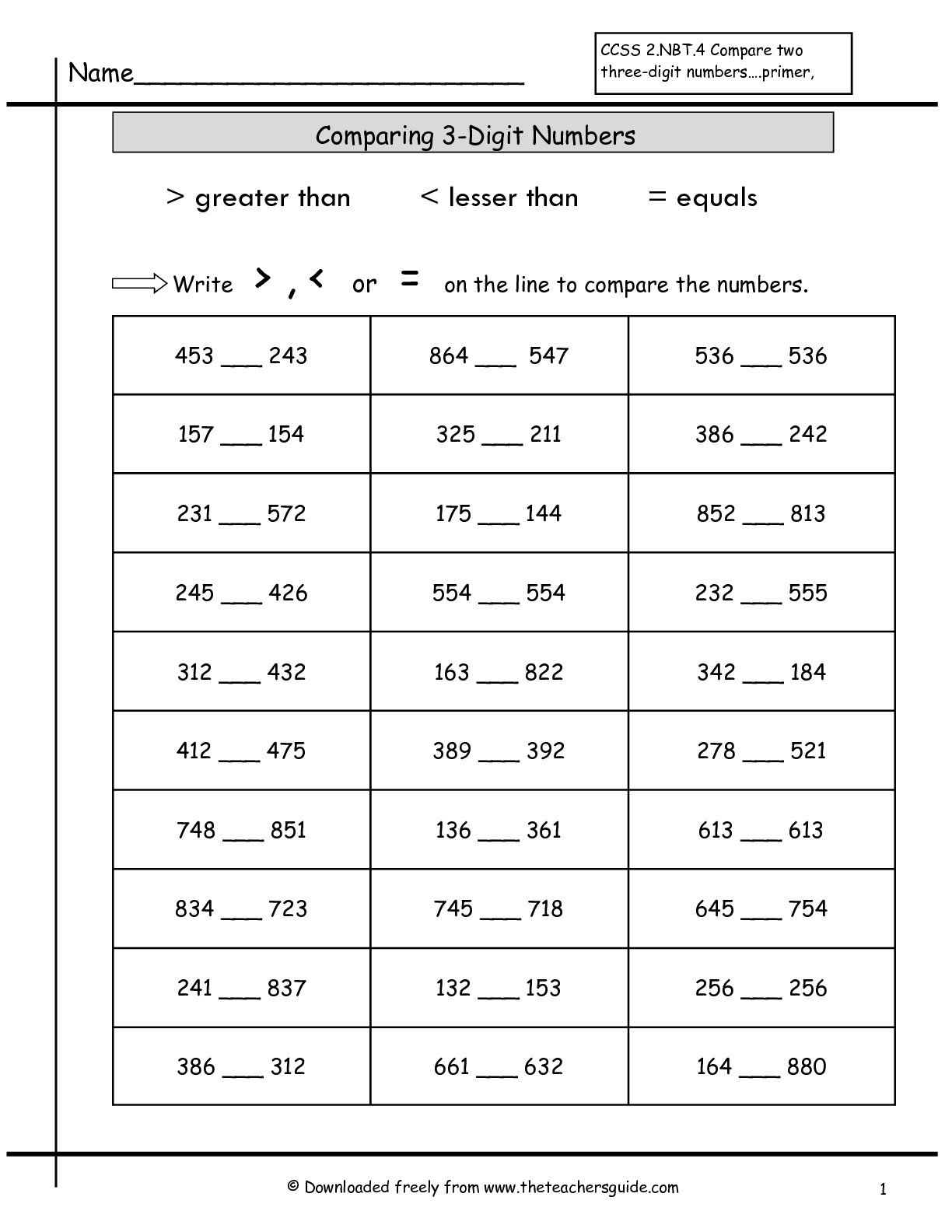 Comparing Numbers Place Value Worksheets