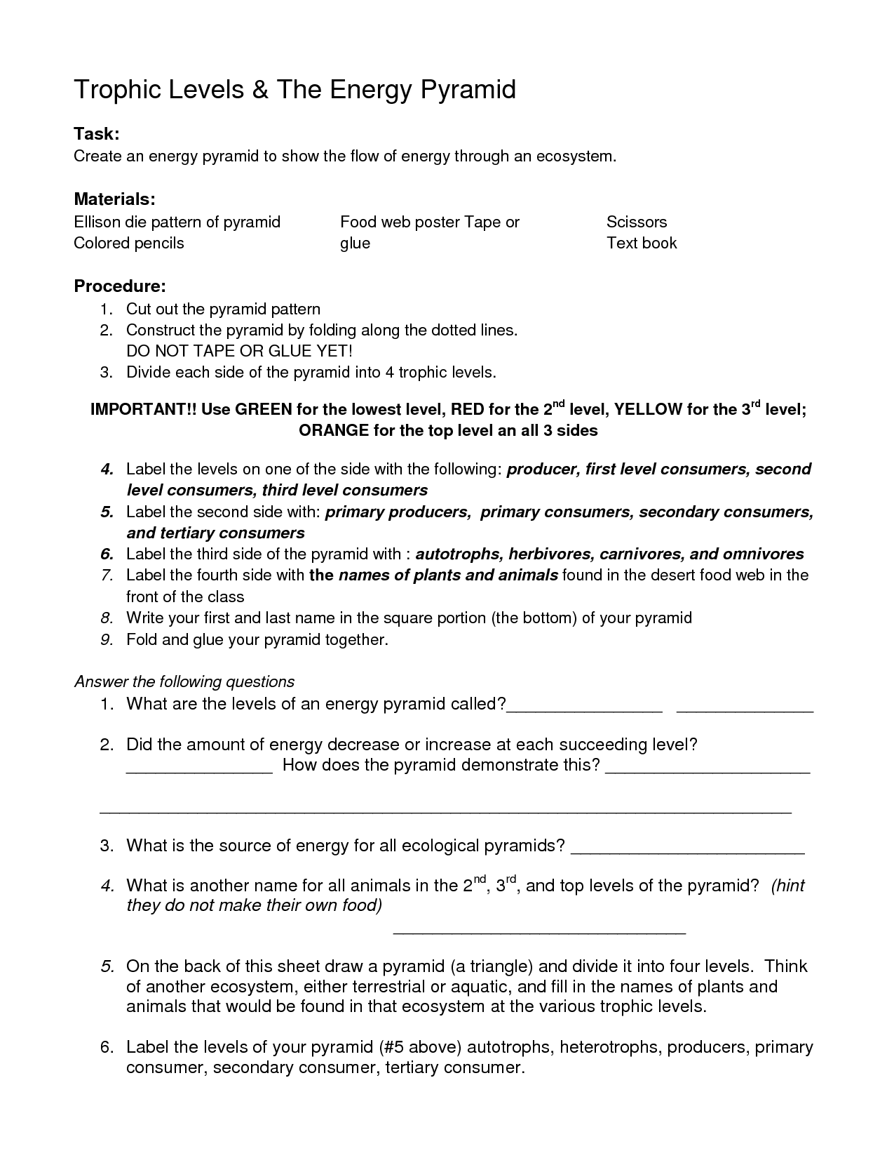Energy Pyramid Worksheet Answer Key