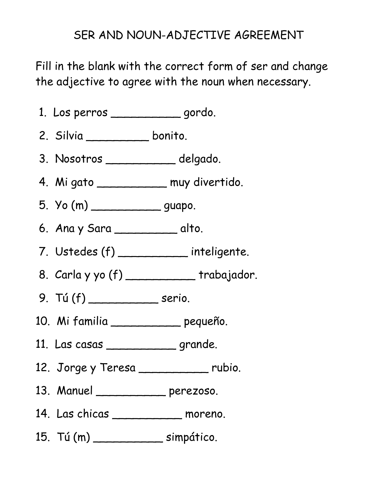 Spanish Worksheets Adjectives