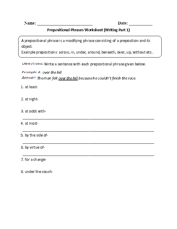 6th Grade Prepositional Phrases Worksheets