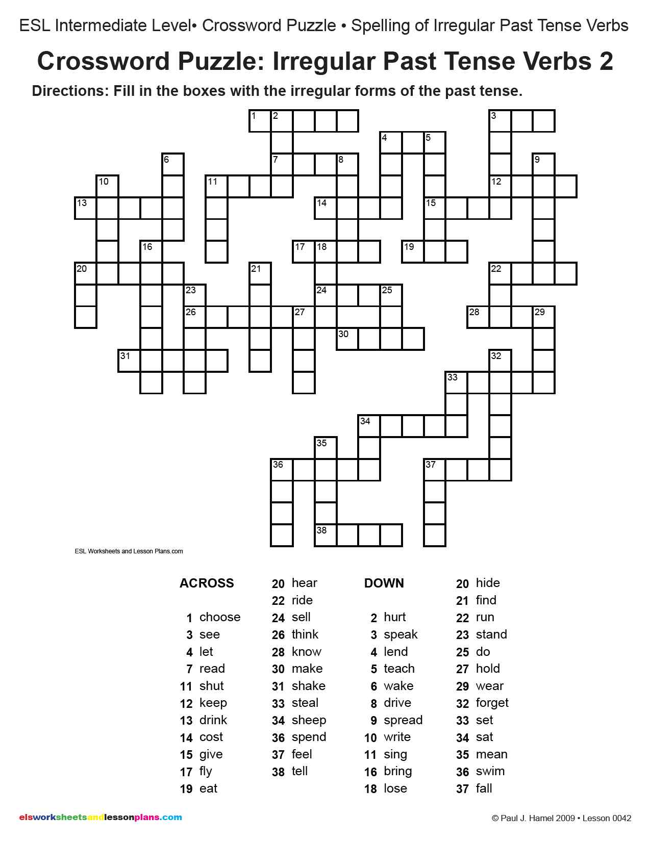 Printable Verb Crossword Puzzle