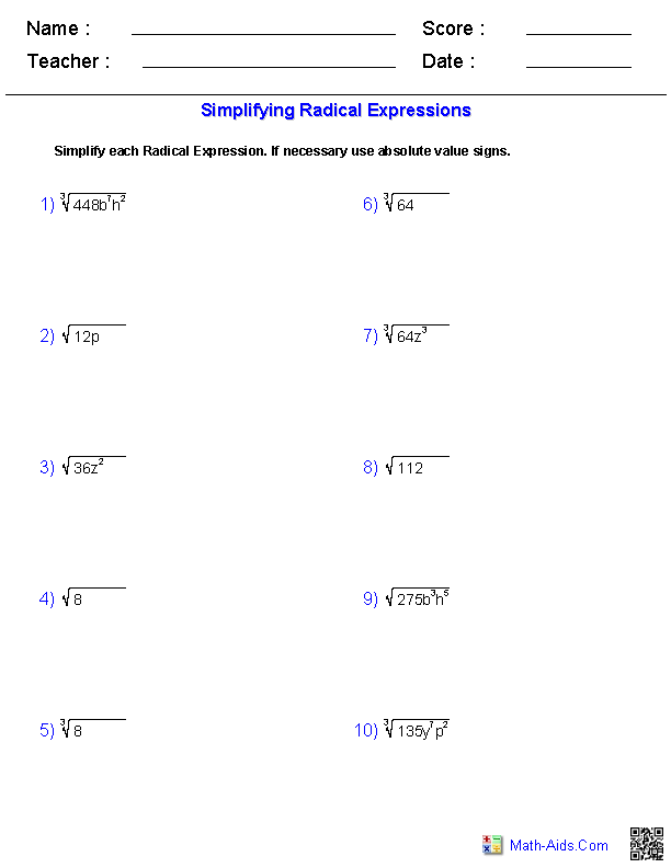 Dividing Radical Expressions Worksheet