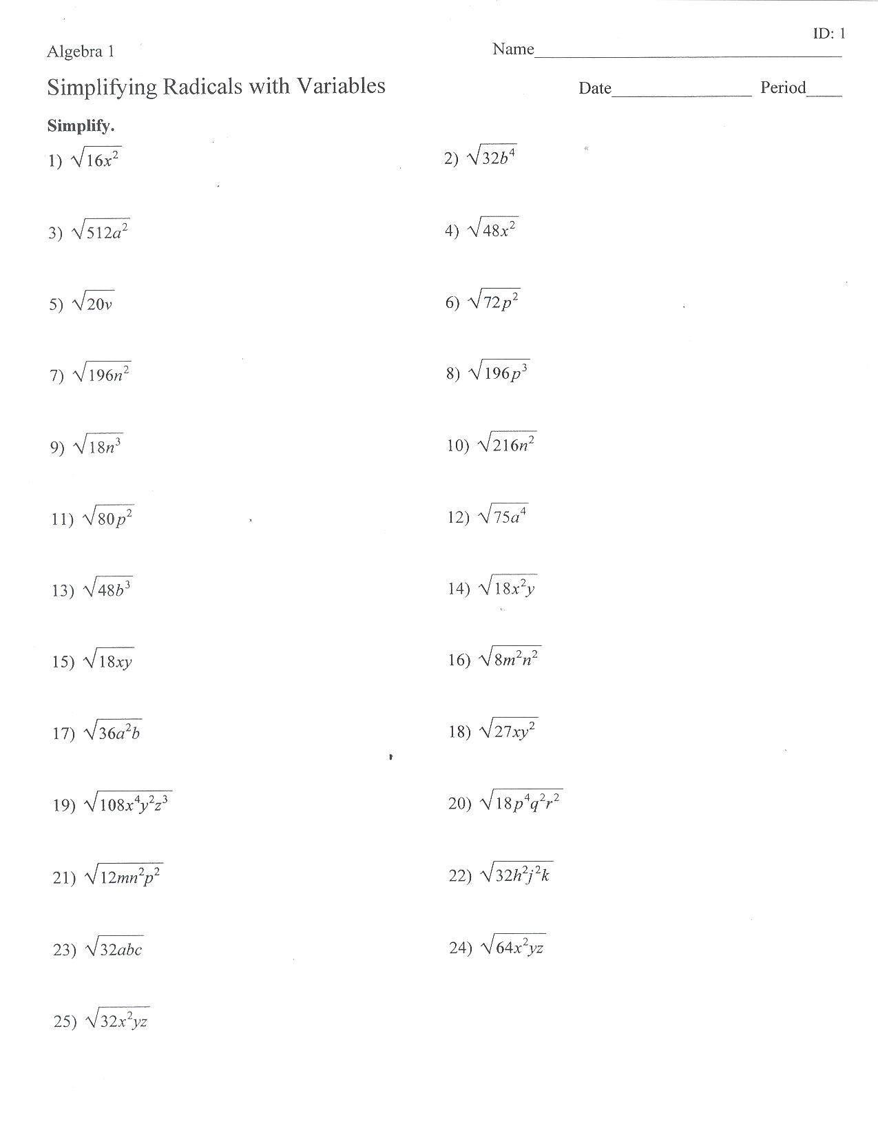 35 Simplifying Radicals Worksheet Algebra 1 - Worksheet Resource Plans