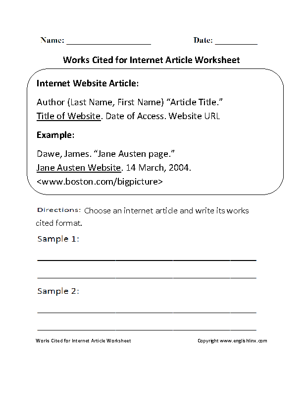 Worksheet Works Cited Internet