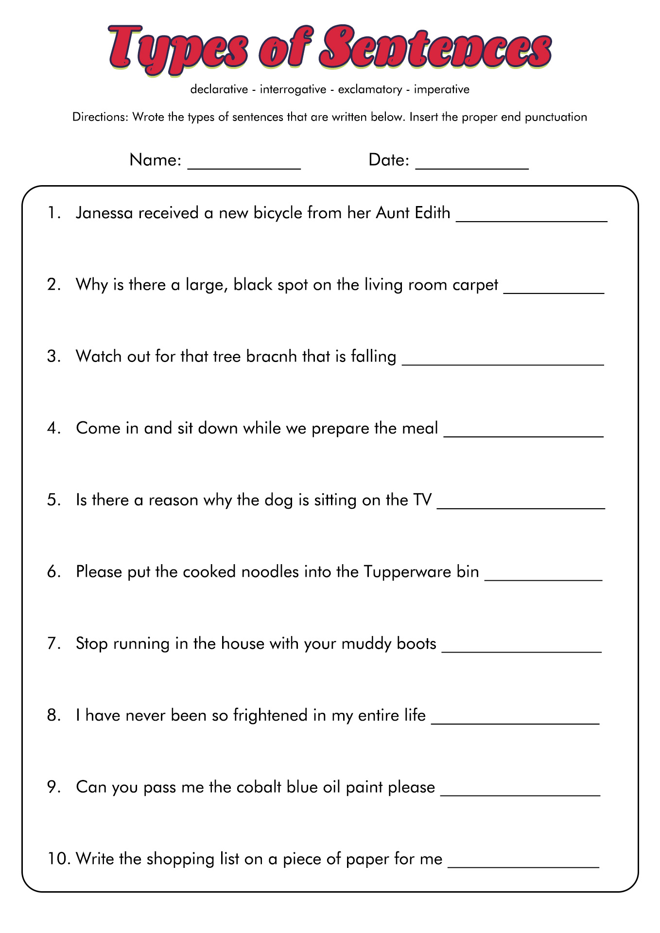 Sentence Types Worksheets