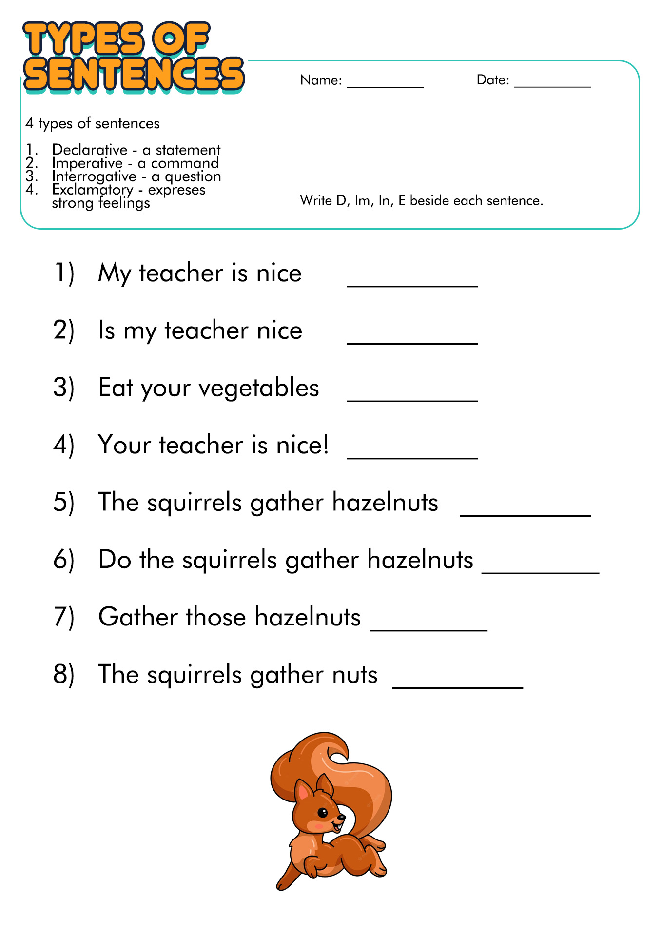 Sentence Types Worksheet With Answers
