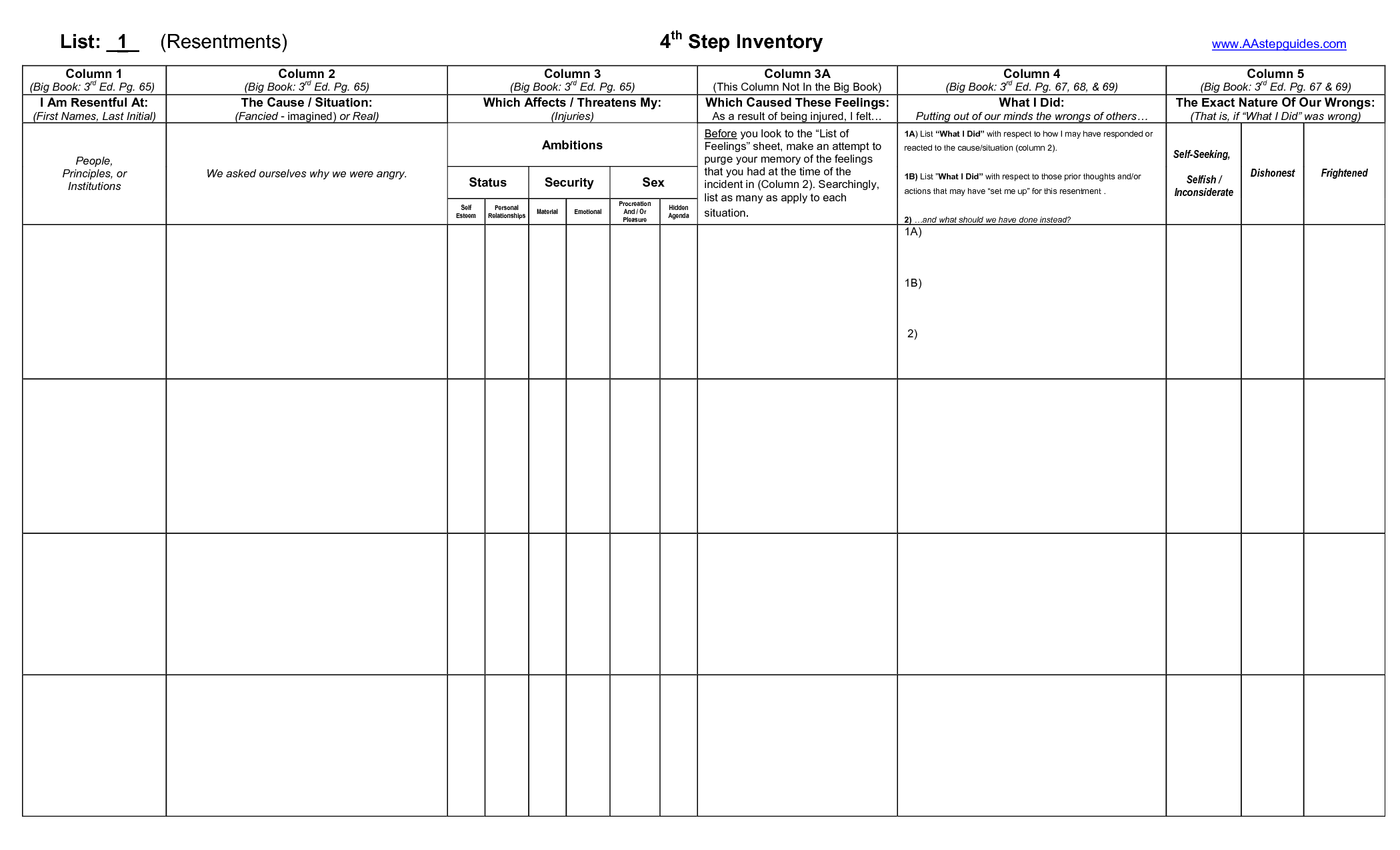 Download Step 4 Worksheets Aa 4th Step Inventory Guide Step 4 | Gantt