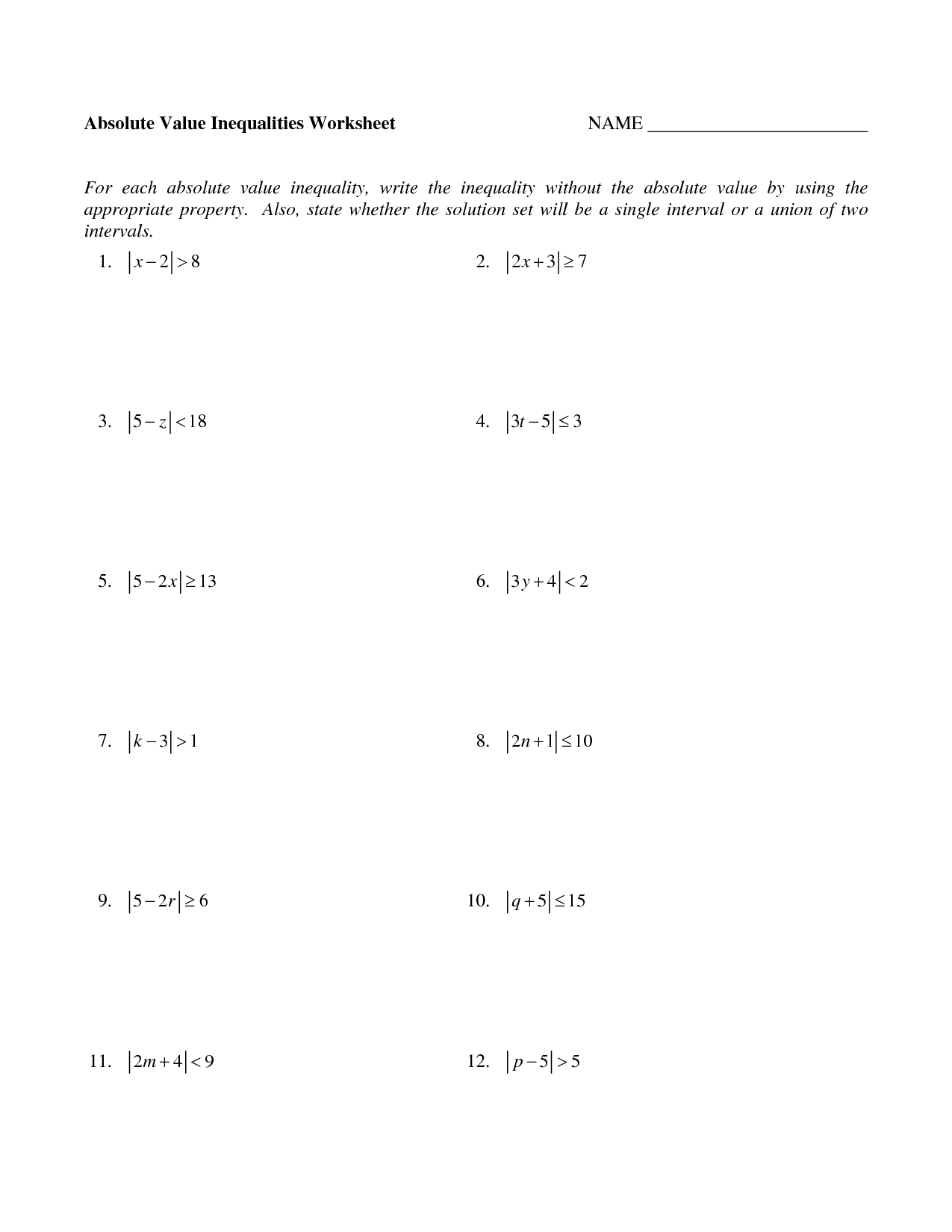 Graphing Absolute Value Inequalities Worksheet