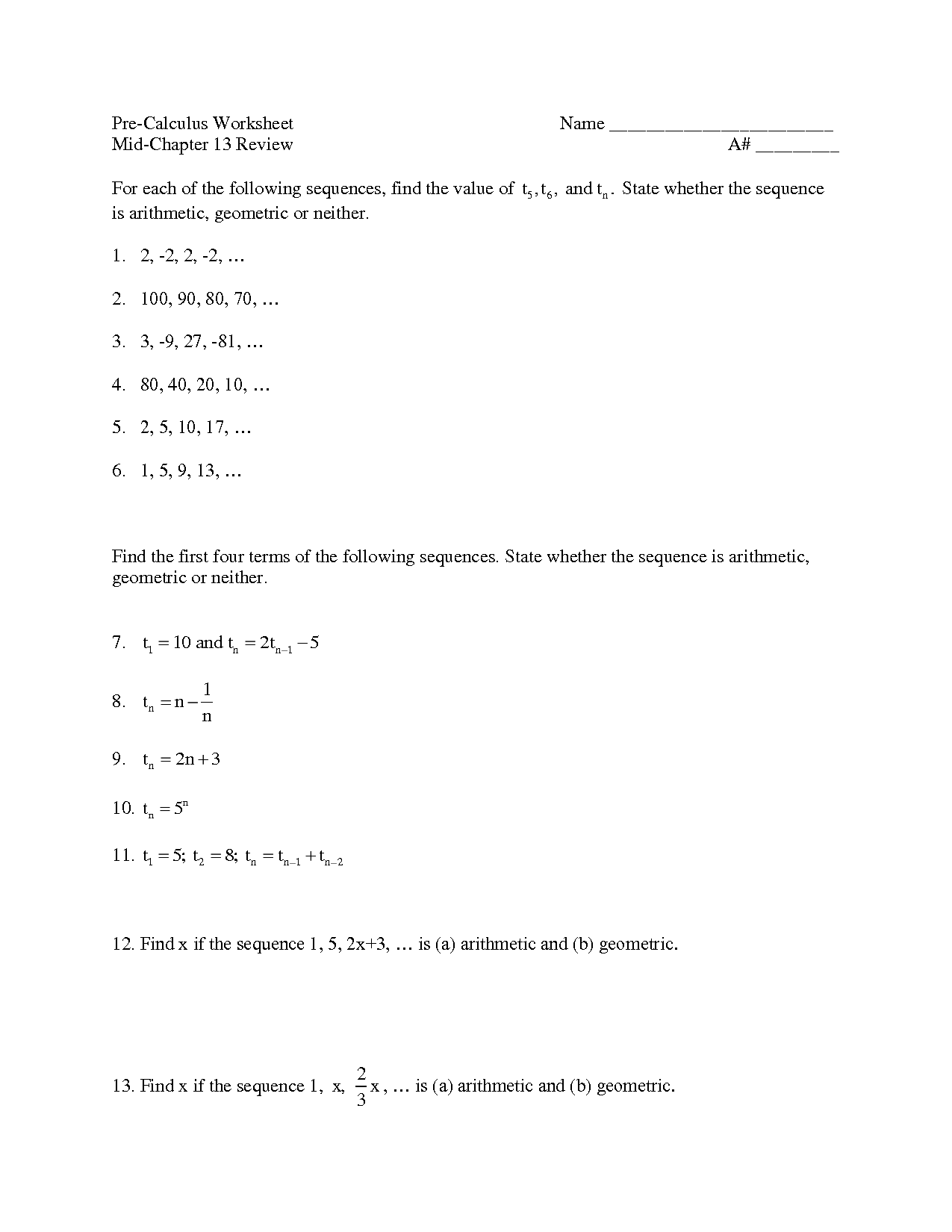 8 Best Images of Pre Calculus Worksheets  Arithmetic and Geometric Sequences Worksheets 