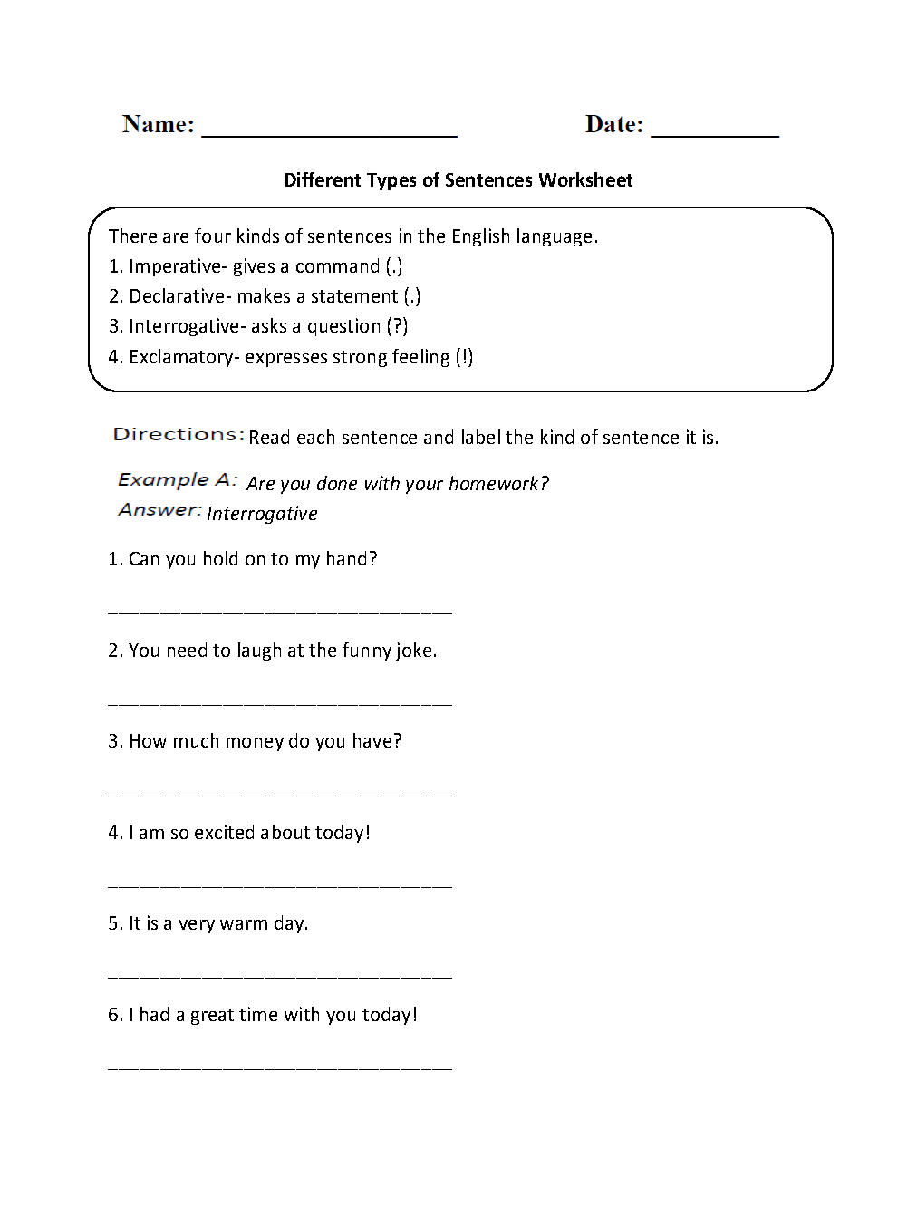 Kinds Of Sentences Worksheet